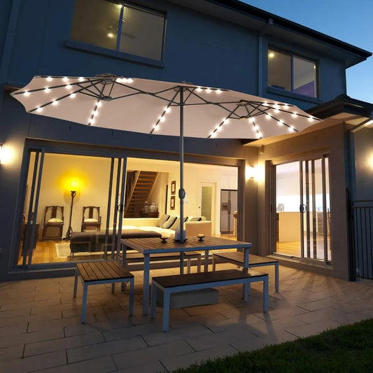 15 Ft Double Sided Patio Umbrella with Solar Lights, Extra Large Rectangle Outdoor Umbrella with 36 LED Lights & Crank Handle f