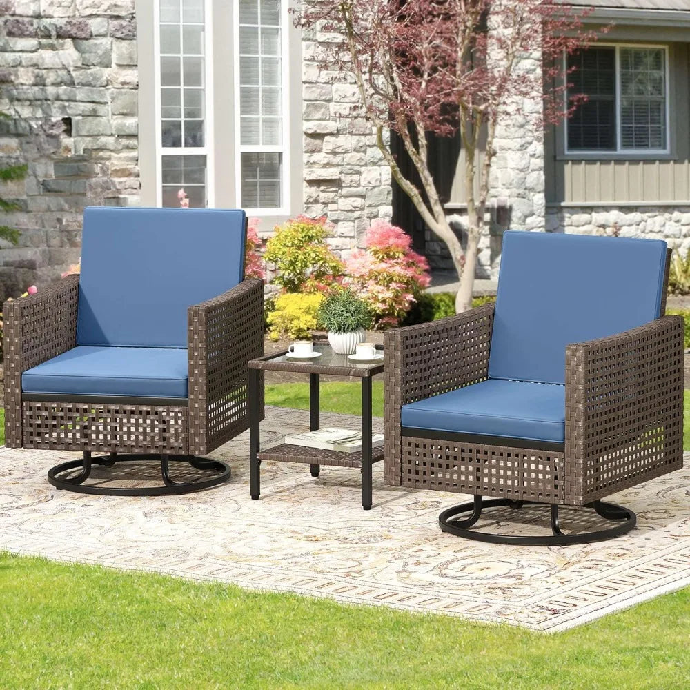 3 Pieces Swivel Rocking Chairs, Patio Wicker Chairs Outdoor Patio Furniture Set with Rattan Side Table, Thickened Cushions, Bis