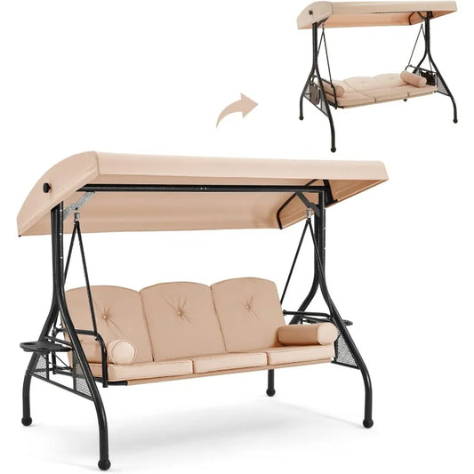 GYUTEI 3-Seat Outdoor Patio Swing with 1.5" Deep Cup Holder,Porch Swing with Adjustable Backrest and Canopy